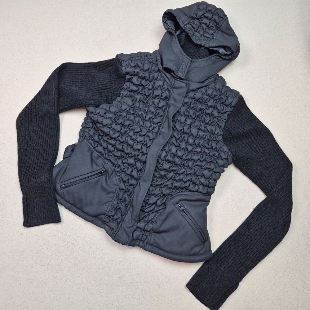Newport News Women's Long Knit Sleeve Puffer Hooded Jacket Sz L Black VTG Y2K